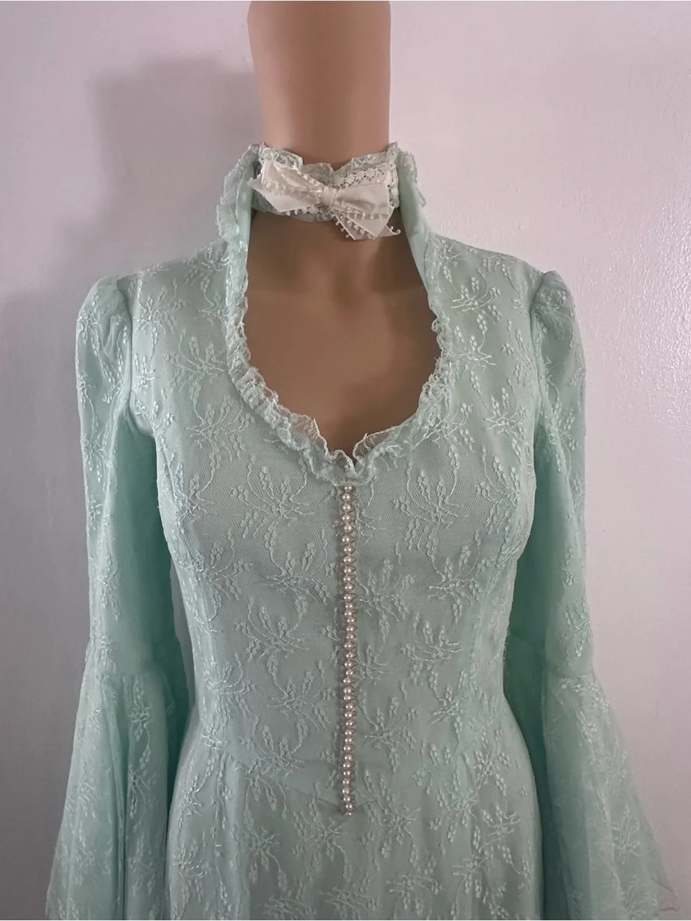 Ethereal 70s Aqua Lace Formal Gown – Matching Bridal Set choker garter small Euc